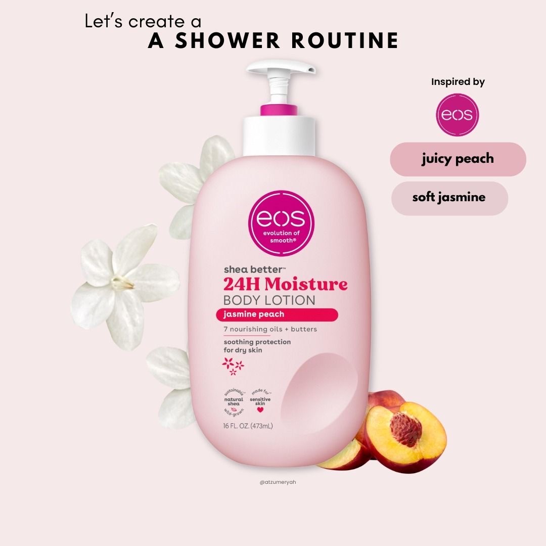 eos Shea Better Body Lotion Jasmine Peach, 24-Hour Moisture Skin Care, Lightweight & Non-Greasy, Natural Shea,